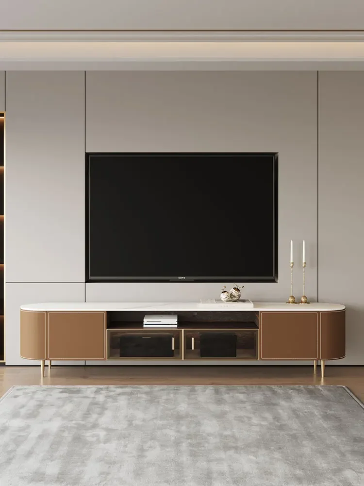 For High leather TV cabinet and coffee table combination, simple home living room, solid wood and stone slab floor cabine