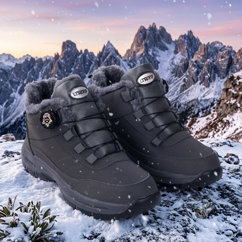 Unisex Outdoor Climbing Shoes with Rotating Buckle Slip-On Warm Fleece Lined Waterproof Anti-Slip High-Top Cold-Resistant Boots