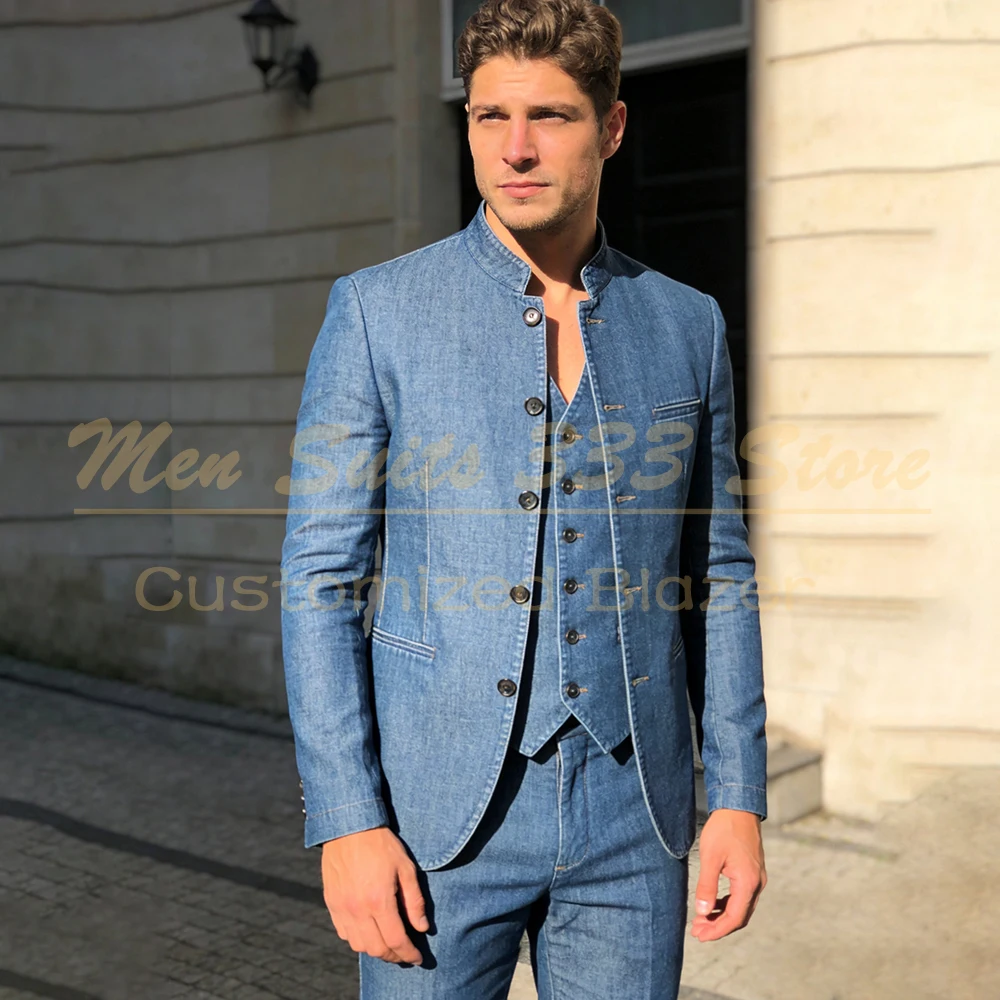 Regular Fit Men's Suits Denim Single Breasted Customzied 3 Piece Jacket Pants Vest Full Sets Formal Business Male Clothing 2026