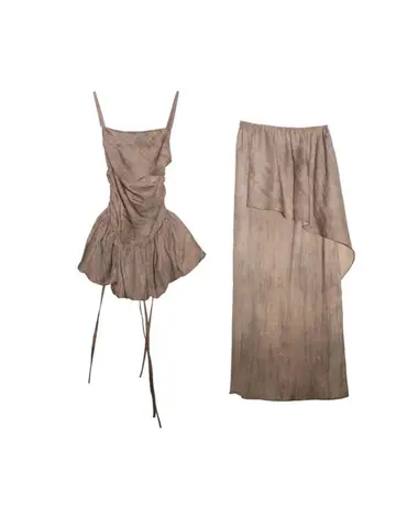 Elegant Two Piece Set Vintage Draped Back Asymmetric Camisole Top and Flowy High Waist Long Skirt Suit