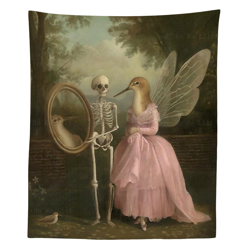 Fairy Tale Surrealism Skeleton And Bird Lady Looking In The Mirror Portrait Renaissance Tapestry By Ho Me Lili Aesthetic Decor