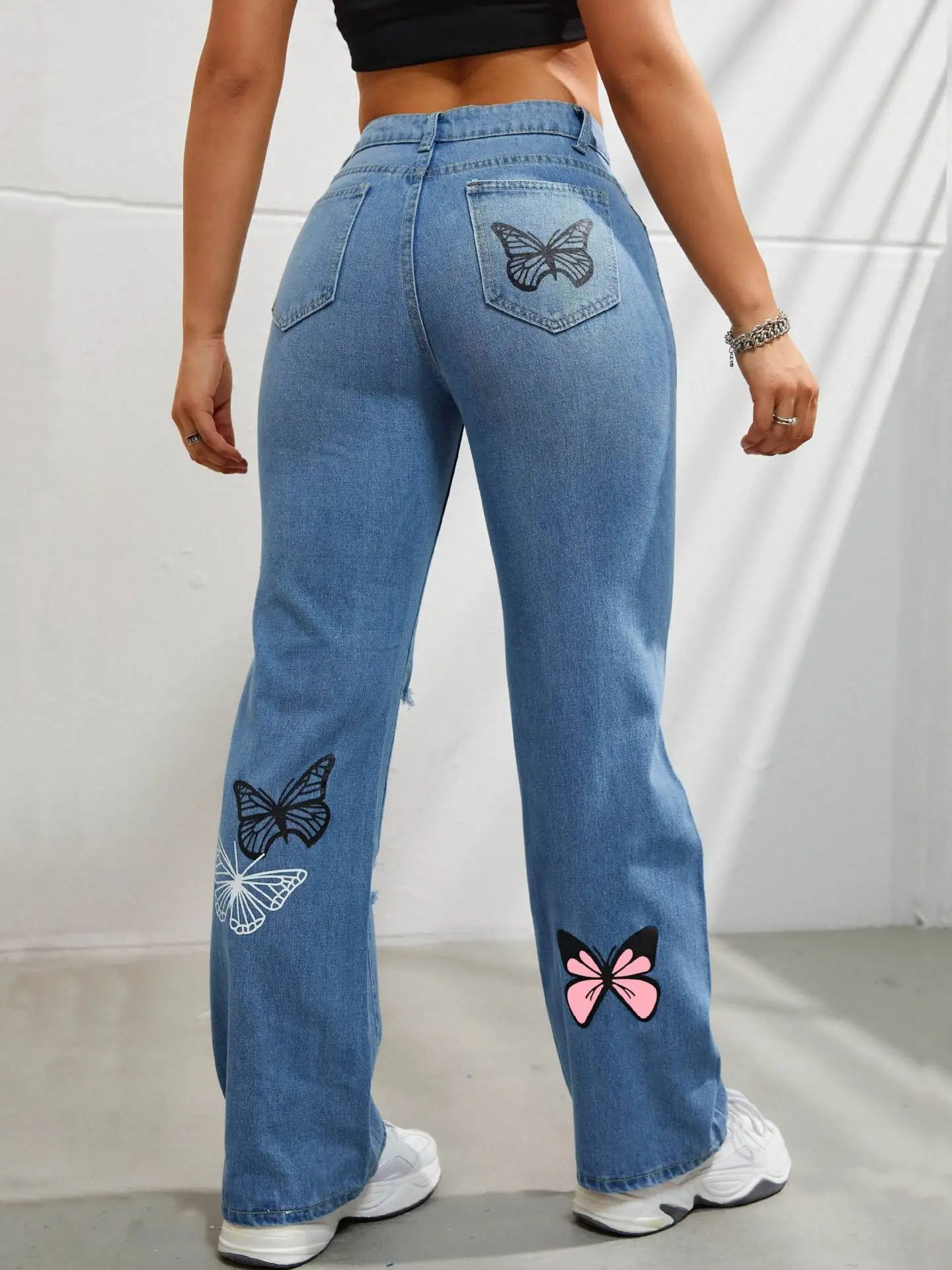 Borboleta impressão denim calças femininas buracos jeans calças retas cintura alta solto ajuste vintage 2024 casual angustiado denims