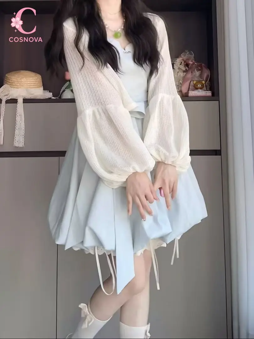 French Elegant Sweet 2 Piece Set Women Lace Puff Sleeve Camisole Top Bubble Skirt Cropped Cardigan Slim Fit Mini Dress Daily