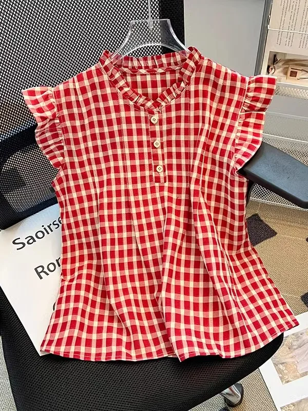 

Шикарная корейская женская хлопково-льняная рубашка в клетку с коротким рукавом, летняя новинка, плиссированная, стандартного кроя