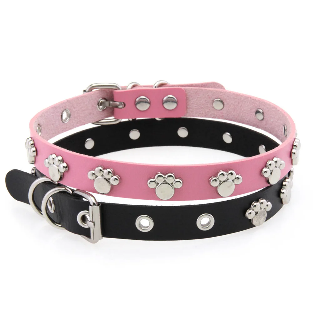 PU Leather Dog Paw Collar Reflective Puppy Neck Strap Paw Alloy Necklace Rivets Pet Collars Necklaces for Women Men Accessories