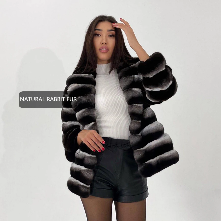 Abrigo de piel de conejo Natural para mujer, abrigo de piel de Chinchilla, chaqueta de piel Real, chaquetas cálidas de invierno, abrigos cortos