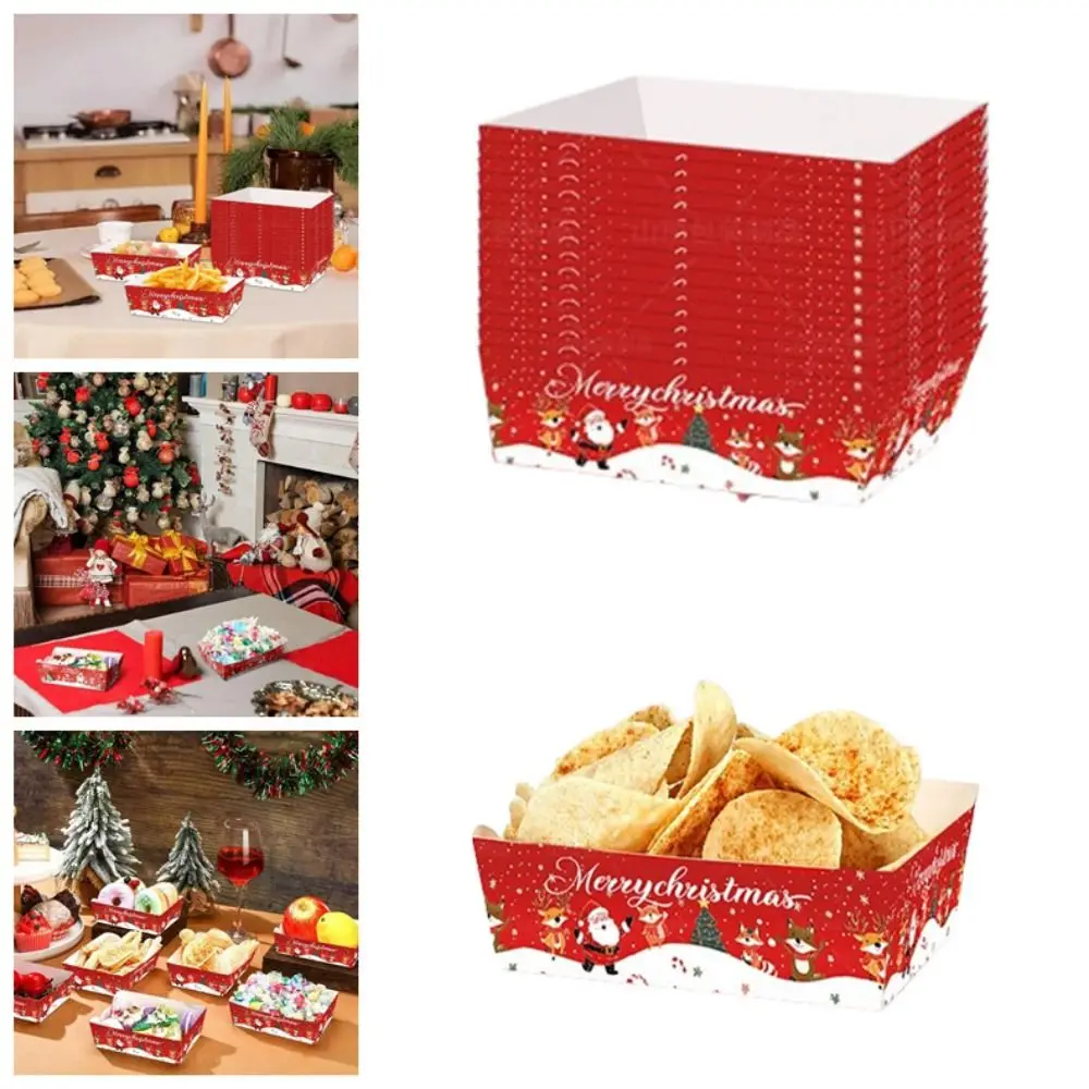 20Pcs Creative Christmas Paper Food Tray Thickened Paper Fast Food Package Box Red Household Christmas Party Supplies