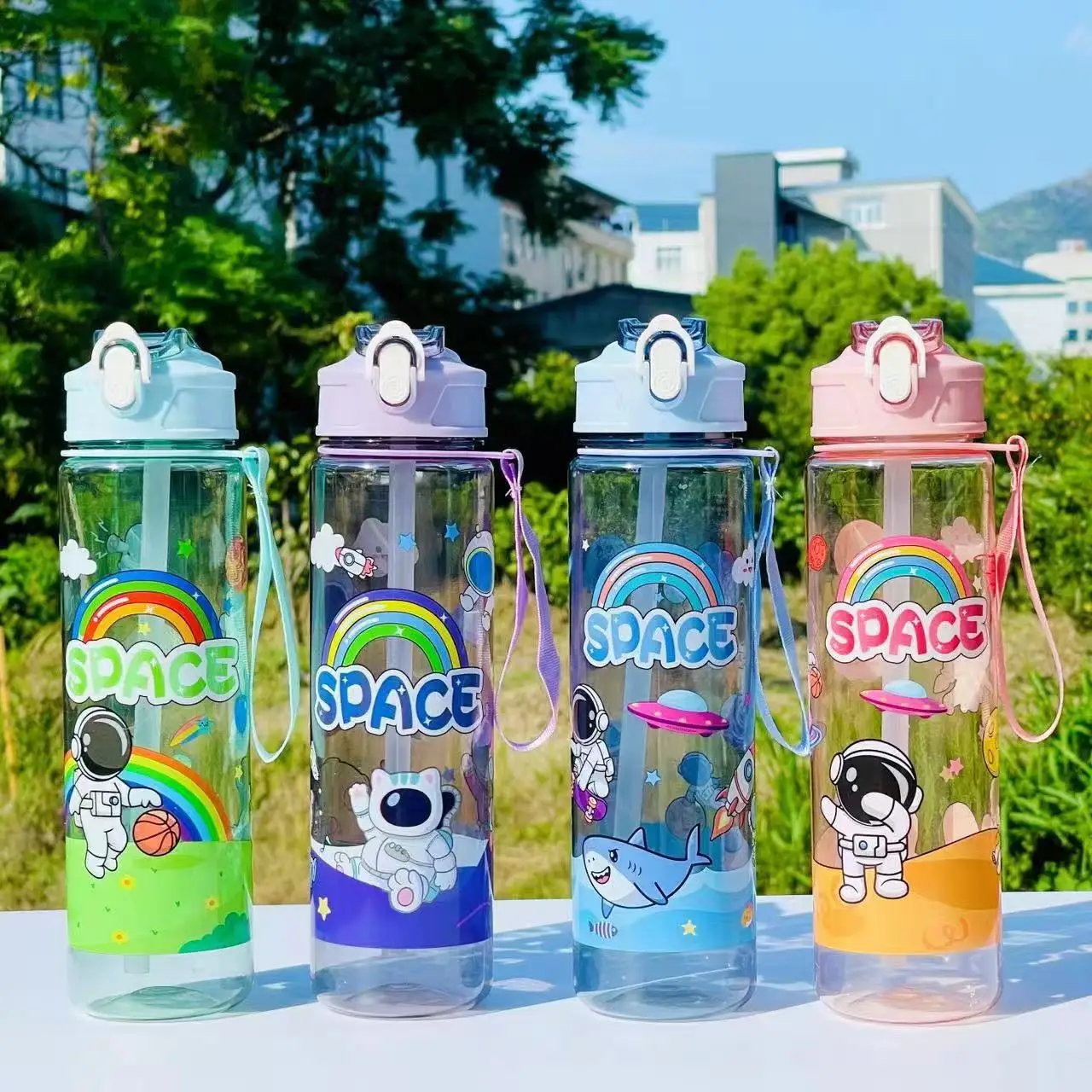 800ml New Water Cup summer Space Cup Cartoon Plastic Cup Portable Rope Straw Outdoor Sports Water Bottle Gift