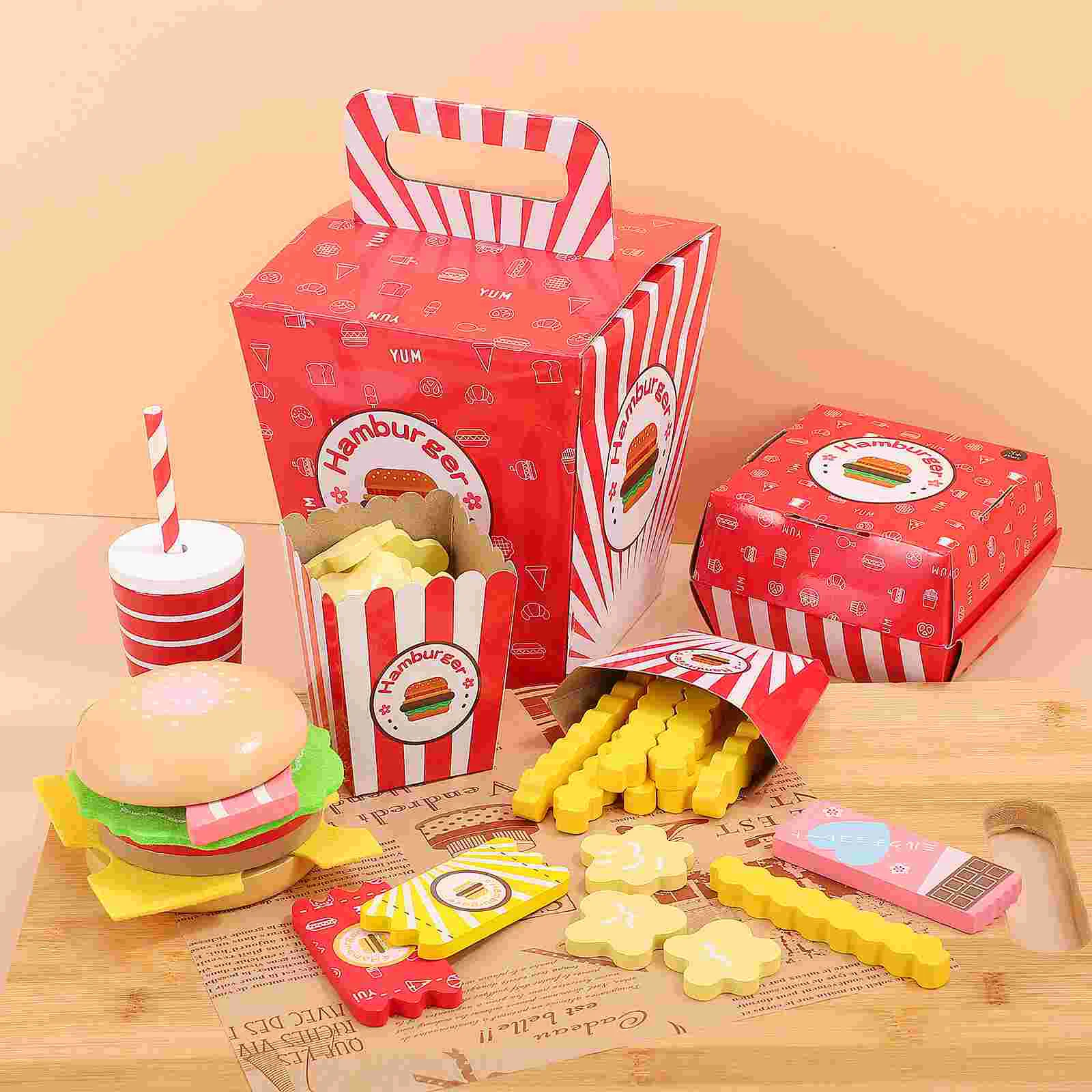 Hamburger French Fries Combo Simulation Bread Accessories Fast Food Cooking Toy Wooden Playing House Room Toys Role Prop Baby