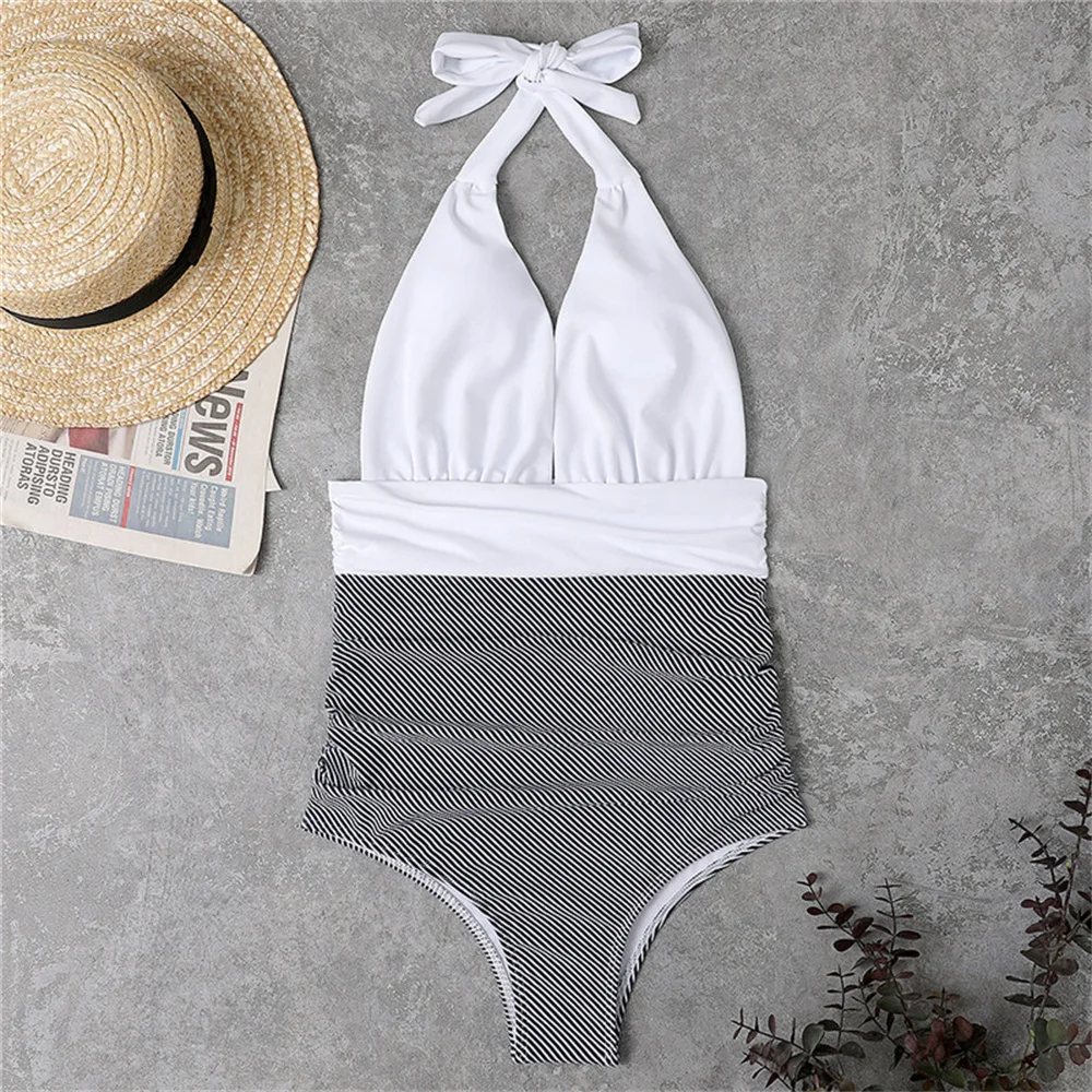 

High Waist Striped Bikini Backless Monokini Deep-V Vacation Swimsuit Women Halter Push Up Patchwork Swimwear Beach Bathing Suits