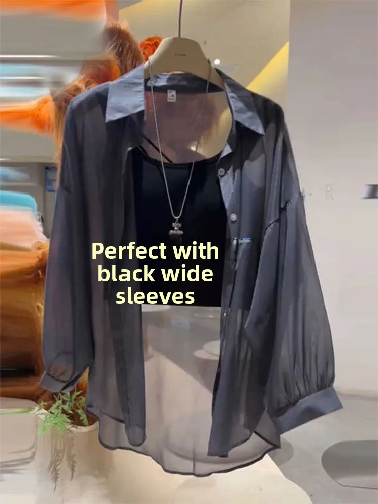 

Women's Summer New Breathable Pearl Silk UV Protection Shirt Translucent Outerwear Chiffon Top Thin Cover up Coat