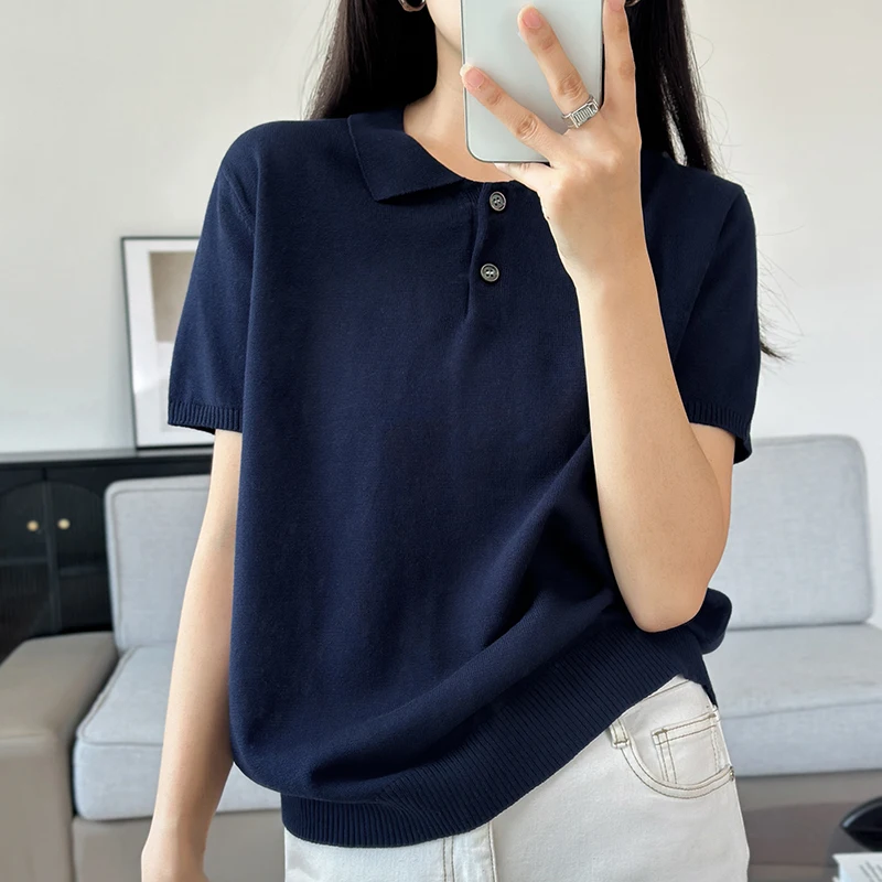 Summer 100% pure cotton women's T-shirt casual solid color knitted pullover sho… - Image 5