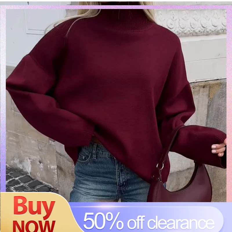 Burgundy Red Casual Loose 2024 Turtleneck Pullover Women's Long Sleeve Sweater Female Autumn Winter Classic Knitwear Sweaters