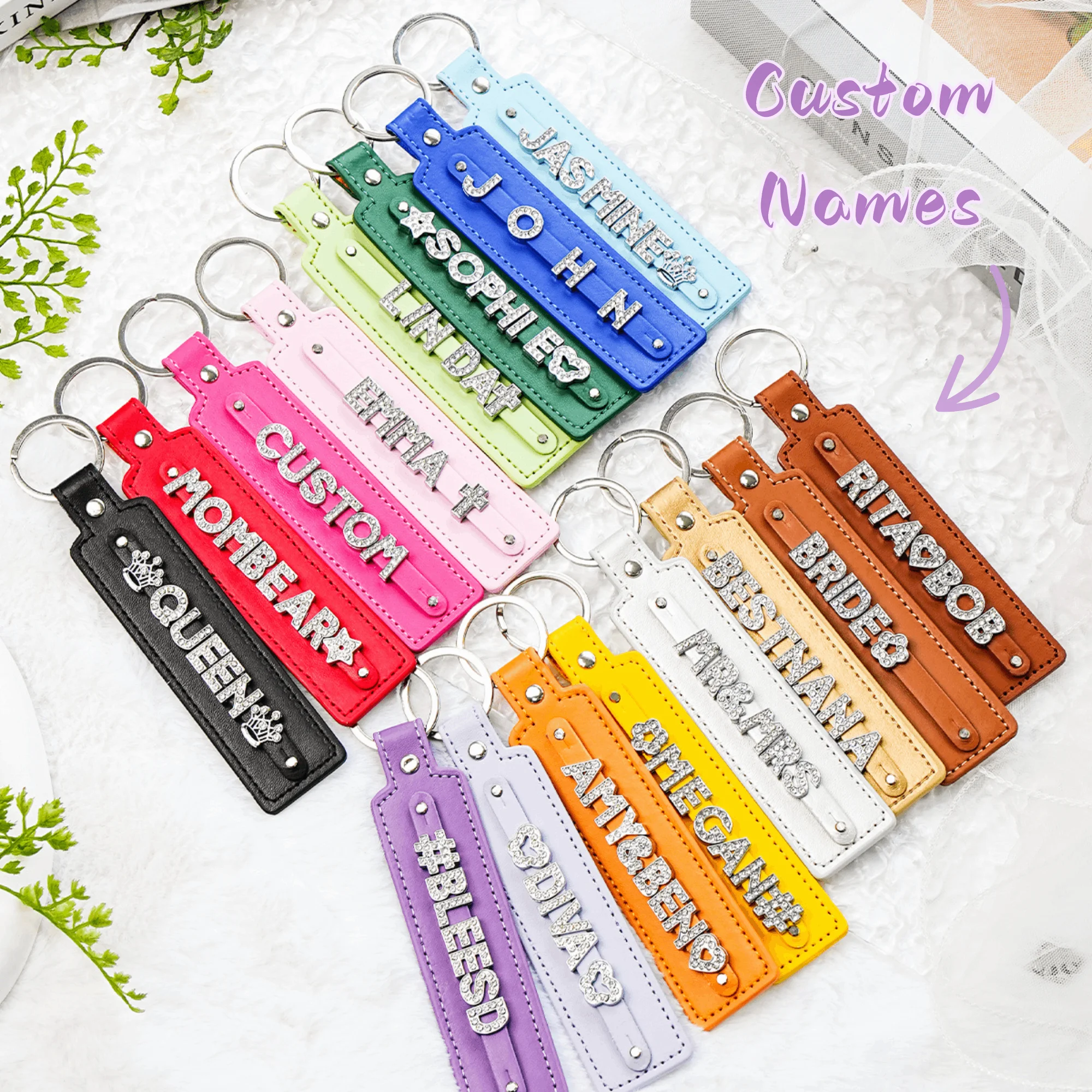 Custom Rhinestone Name Keychain,Bling Leather Keychain Accessories， Custom Bling Tag,Valentine’s Day Gift, Custom