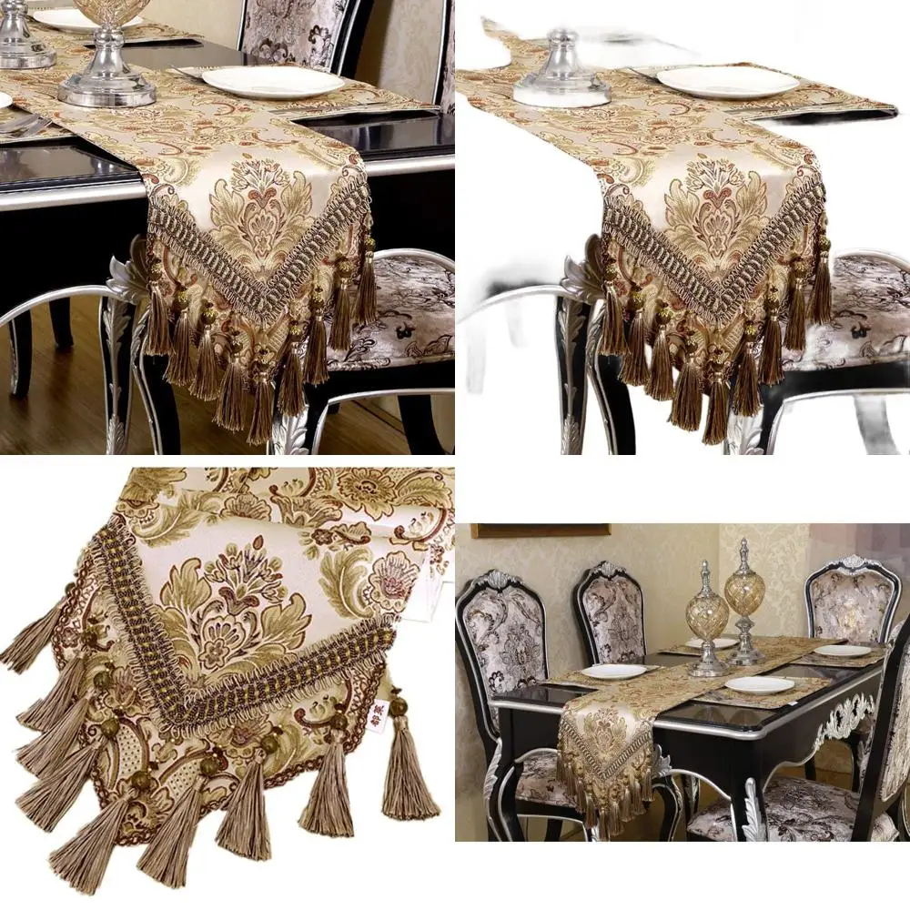 

Khaki Multi-Tasseled Jacquard Fabric Table Runner, 14x88 inches