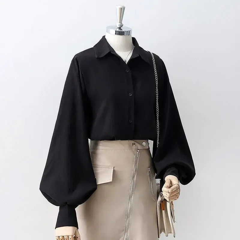 Women Blouse Black Autumn Loose Long Sleeve Top OL Casual Polo Collar Shirt Blusas Ropa De Mujer