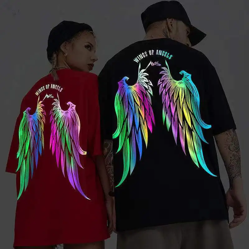 Summer Reflective Wings Harajuku Short-sleeved T-shirt Male and Female Couples Hip-hop Loose 5-point Sleeve Top Goth 2023