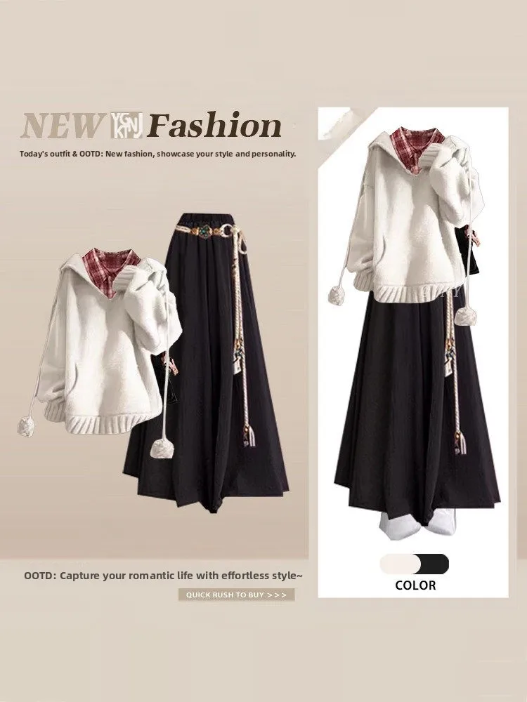 

Spring Casual Knitted Set Women's Anti-Aging Hooded Sweater Plaid irt Layering Slimming Wide Leg Pants Tee-Piece Set