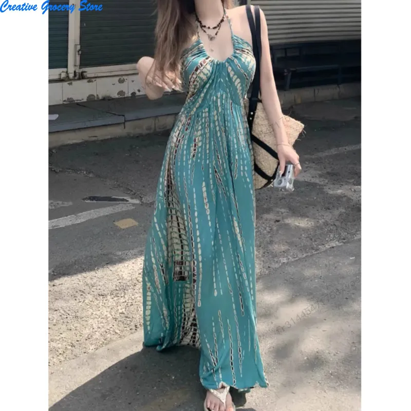 Vestido largo elegante con halter para mujer, sin mangas, espalda descubierta, estampado playero, diseño bohemio, casual para fiesta, playa y vacaciones 2026 4