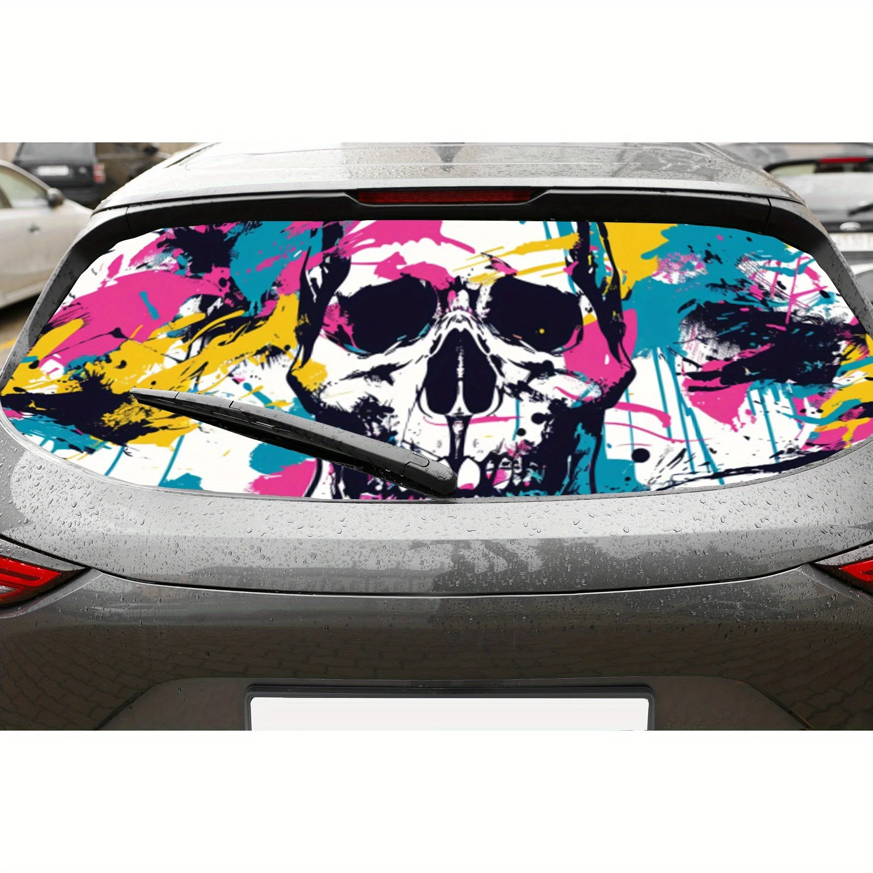 

Cyber Color Splashing Skull ПВХ перфорированные автомобильные виниловые наклейки, прочная наклейка на заднее лобовое стекло автомобиля, водонепроницаемая наклейка на заднее окно автомобиля