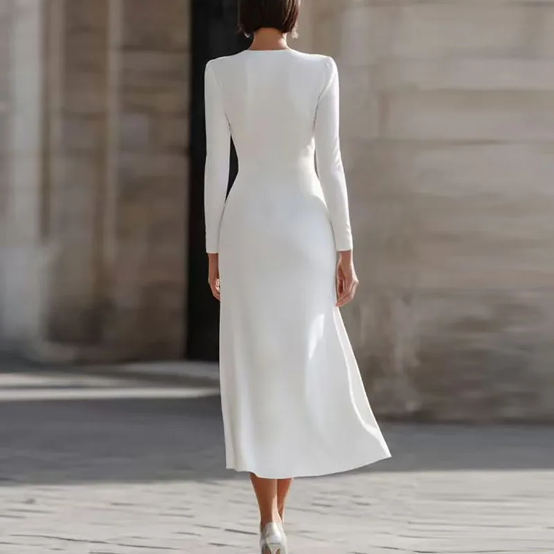Ladies Deep V‑Neck Solid Split Dress Long Sleeve Ruched Bodycon Wrap Draped Hem Dress Elegant Wedding Guest Formal Party Dresses
