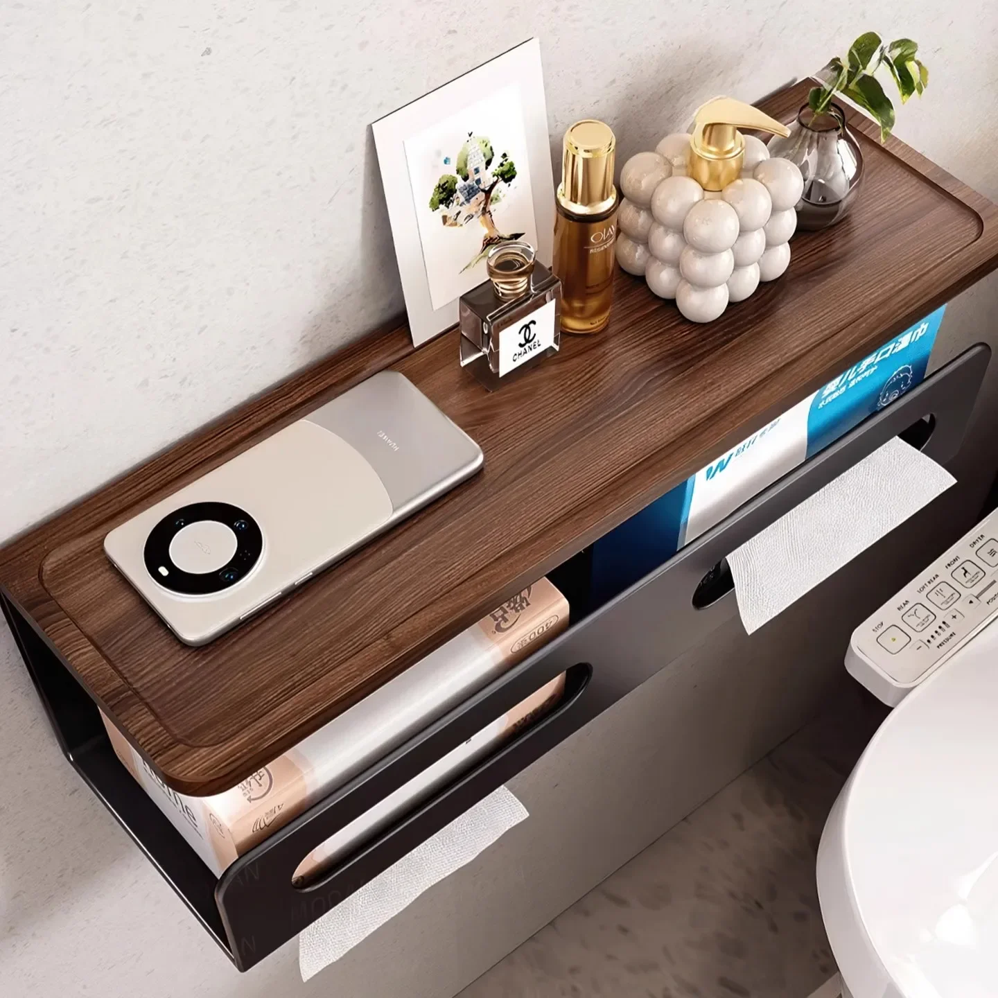 Walnut bathroom tissue box rack wall mounted