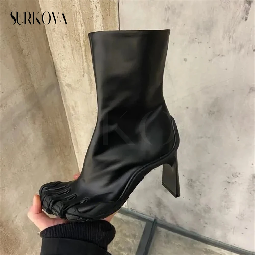 Luxury Five Toe Socks Boots Split-Toe Pull-On Knitted/Leather Booties High Heel Ankle Boots Fashion 2023 New Women\'s Shoes Pumps