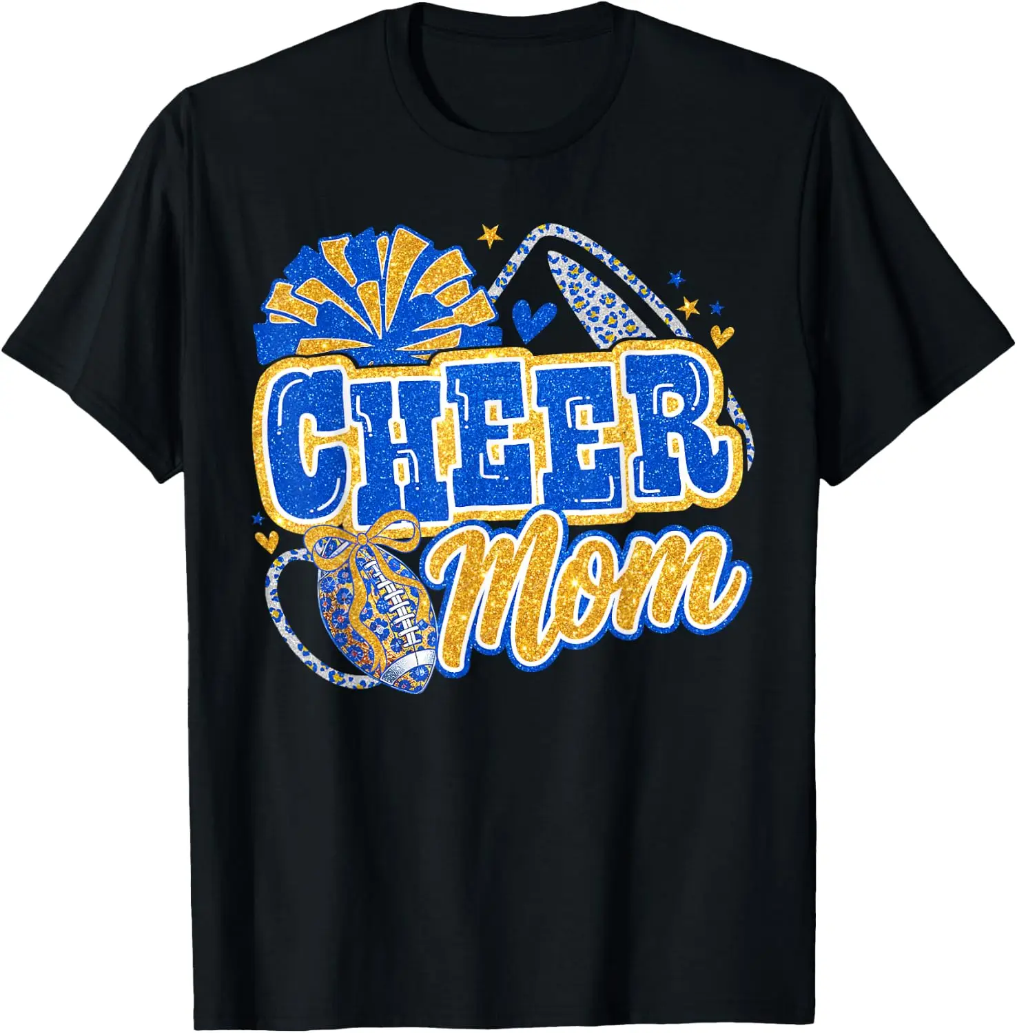 Blue And Gold Cheer Mom Team Game Day Football Cheerleader T-Shirt Men Women Unisex Novelty Graphic T‑Shirt, Classic Crew Neck 100% Cotton Tee, Lightweight Anti‑Pilling Breathable Casual Tops, Year‑Round Daily Outfit, Holiday Birthday Present Tee
