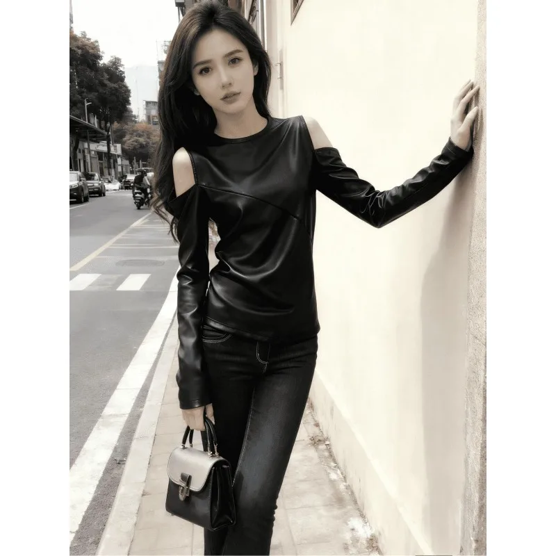 Hollowed-out Faux Leather Sexy Charm Pure Desire High-end Look Design Base Layer Long-sleeved Stretch T-shirt Trendy Slimming