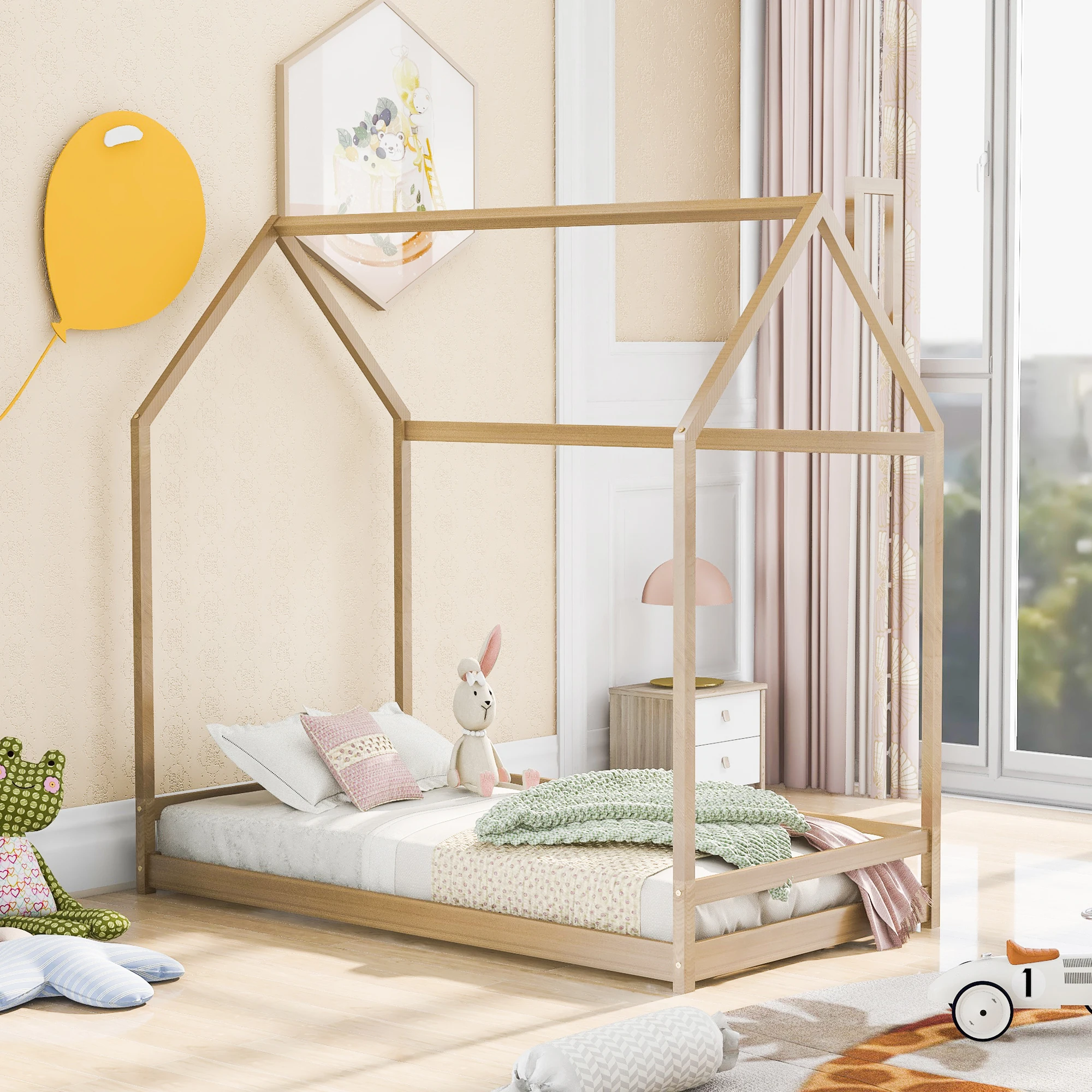 

Twin Size House Bed Wood Bed, Natural 78x41.30x74.80 in.