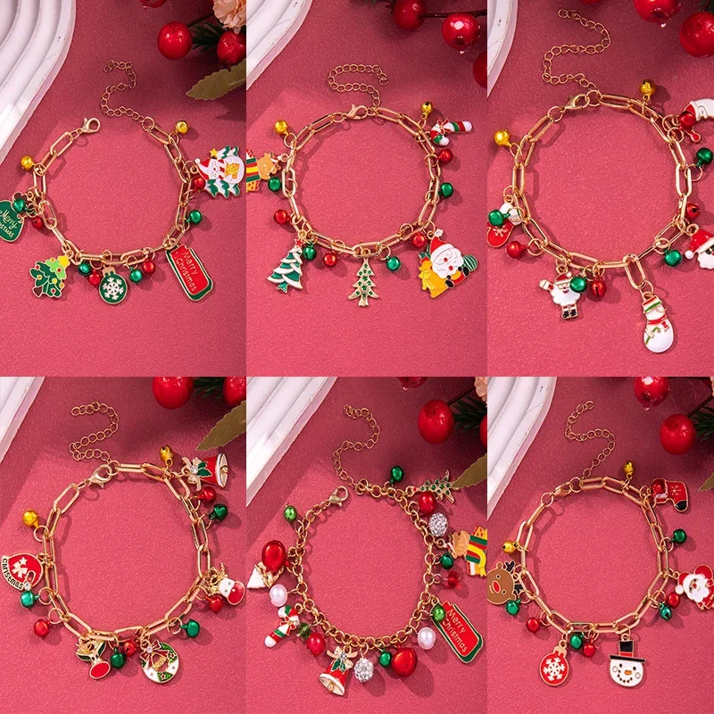 Charm Multi-color Snow-Elk Deer-Small Bell Pendant Bracelet Fashion Christmas Jewelry for Women Men Festivel Gift