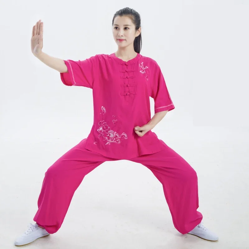 

Traditional Chinese Clothing Women's New Summer Short Sleeve Embroidered Tai Chi Suit Martial Arts Practice Kung Fu Set Thin