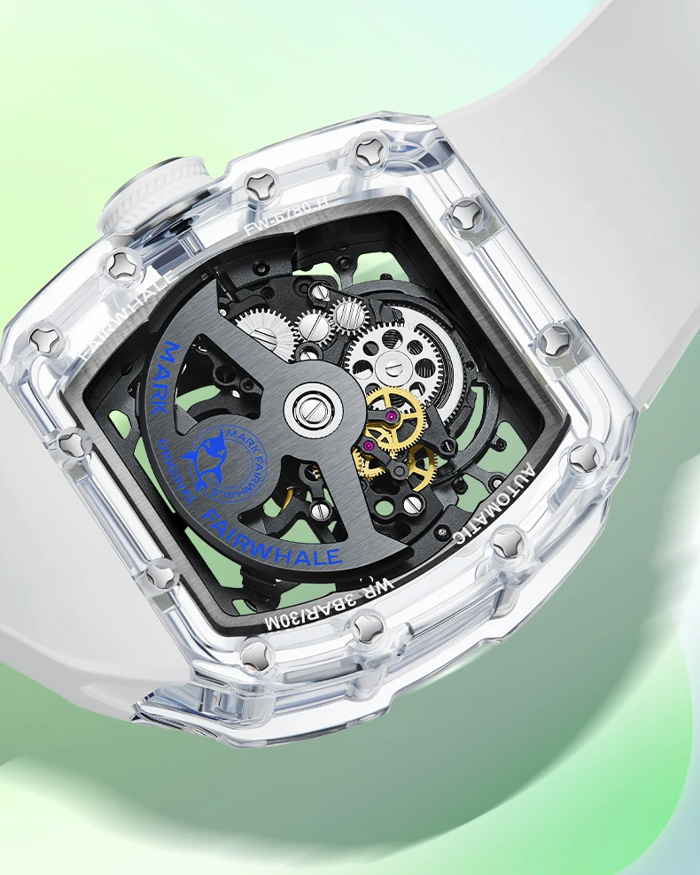 Mark Fairwhale Men Automatic Watch 48mm Acylic Tonneau Mechanical Wristwatch Skeleton Dial 30M Waterproof Luminous