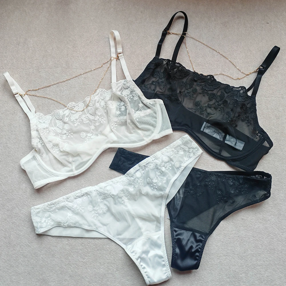 Elegant Women Sheer Mesh Floral Embroidered Lingerie Set Gold Chain Accent Underwire Bra & Thong 2pcs Intimate Outfit
