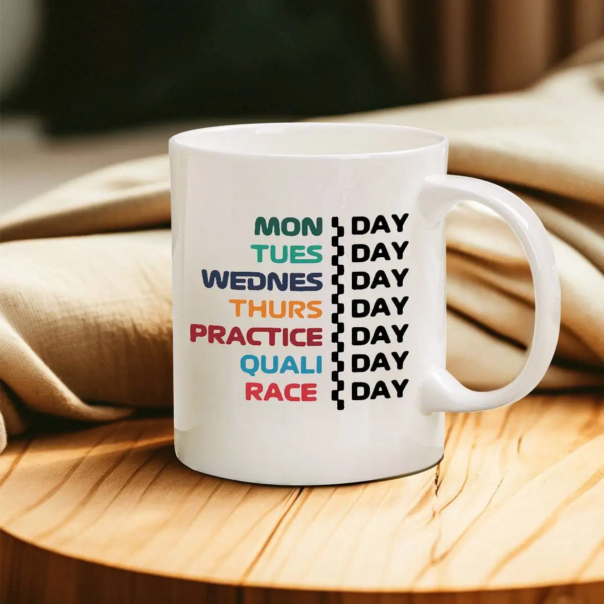 11oz Racing Ceramic Mug - Motivational weekday design for F1 fans, dads, boyfriends - Perfect coffee for birthdays, race days