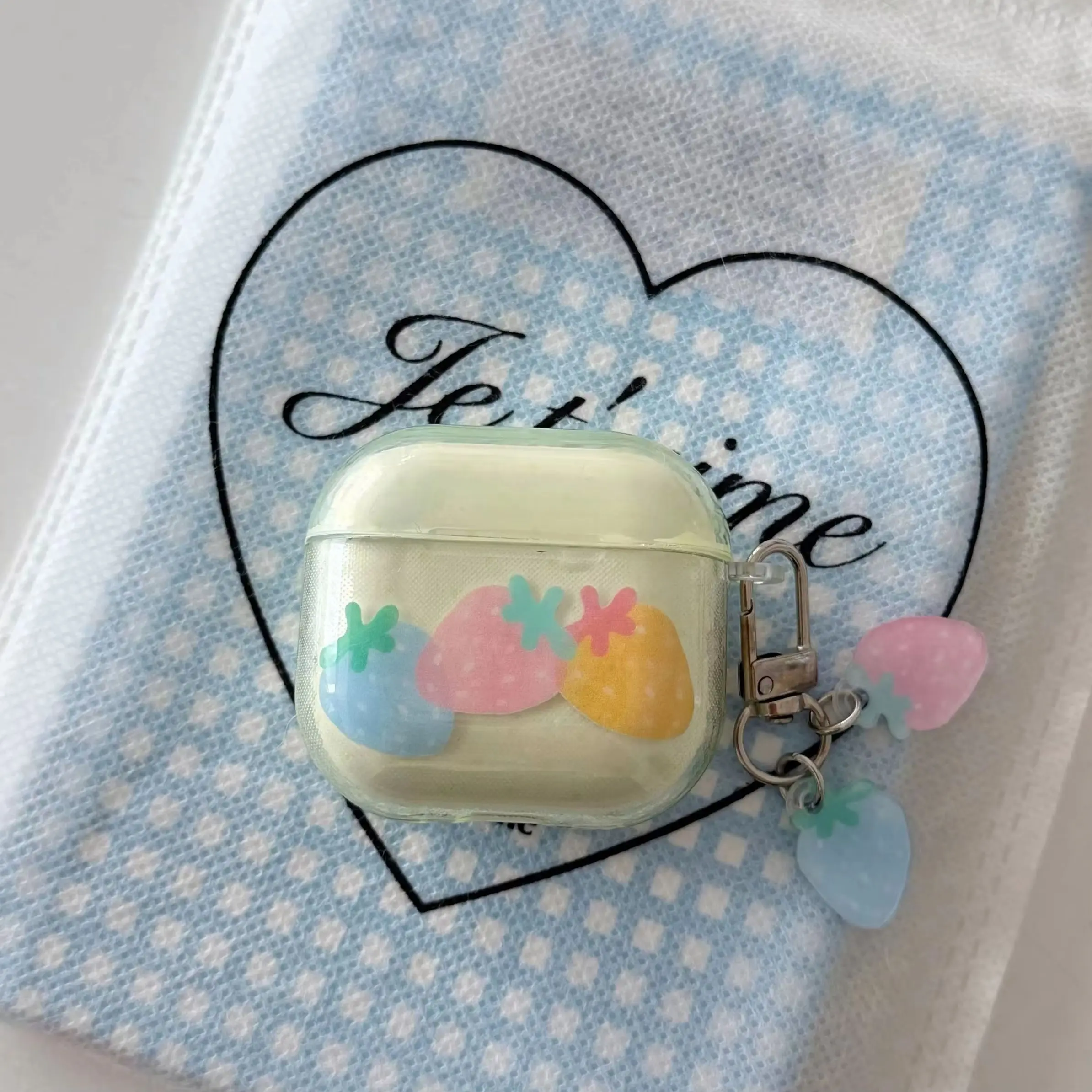 Blue Pink Yellow Three Strawberry Polka Dots Pattern Transparent Yellow Earphone Cover Case For AirPods 1 2 3 4 5 Pro Pro2 Pro3