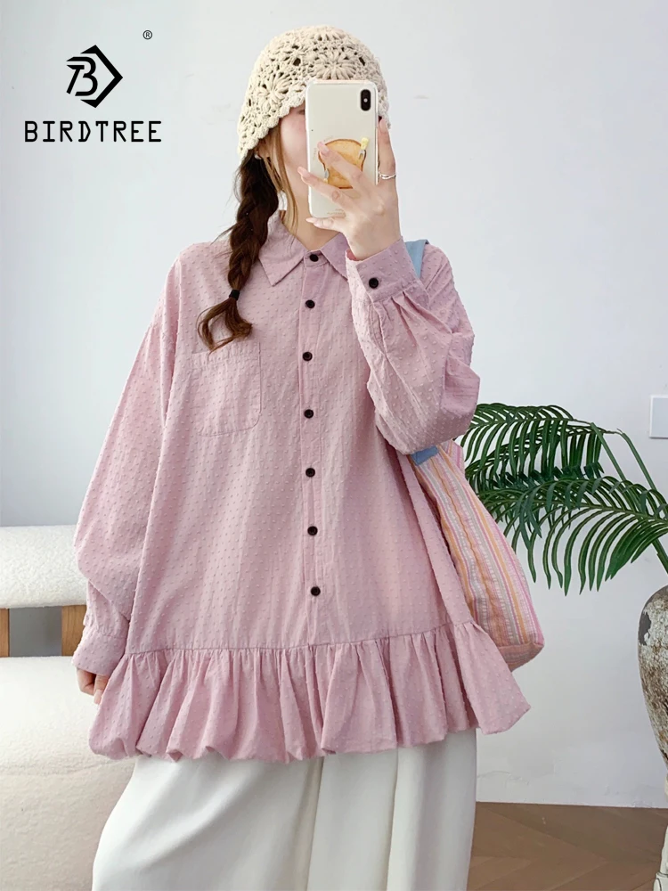 New 2026 Autumn Women Cotton Long Sleeve Shirt, Turn-down Collar Dot Embroidery, Mori Girl French Commute Loose Blouse T69886CC