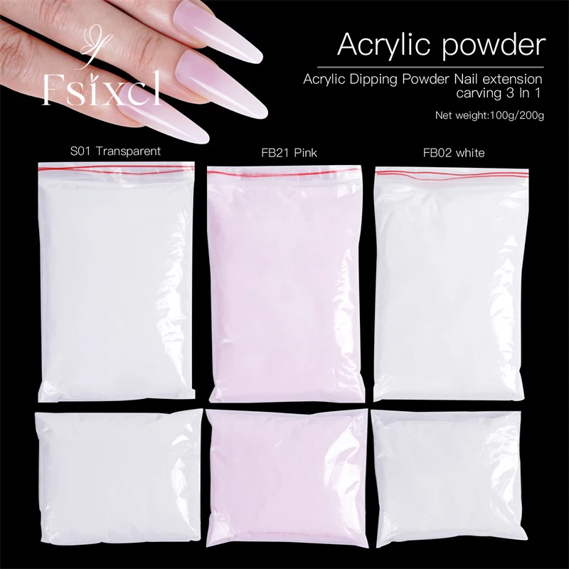 Bolsa a granel de 100g/200g, polvo acrílico para uñas, Color rosa, blanco, transparente, extensión de tallado, 3 en 1, polvo para decoración de uñas, monomero de polietileno