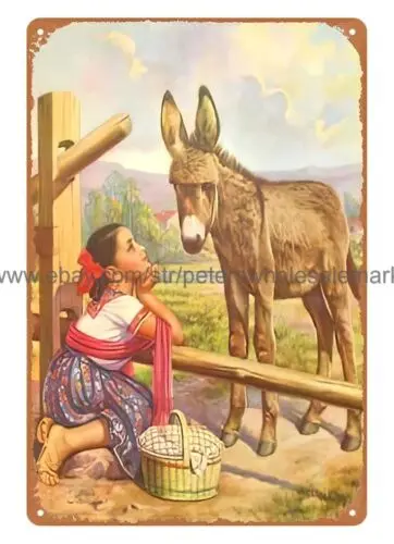 VINTAGE REPRO MEXICAN Calendar Girl donkey metal tin sign retro garage signs tin sign