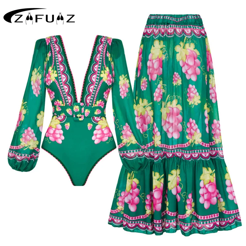 

ZAFUAZ 2024 Women Swimwear Long Sleeve One Piece Sexy Swimsuit and Skirt V Neck Beach Dress Cover Up Monokini Bathing Suit