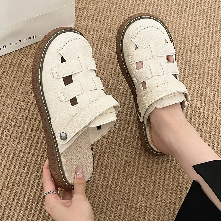 

Leisure Women's Sandals Minimalist Woven Bun Toe Thick Sole Slippers 2024 New Summer White Versatile Roman Shoes