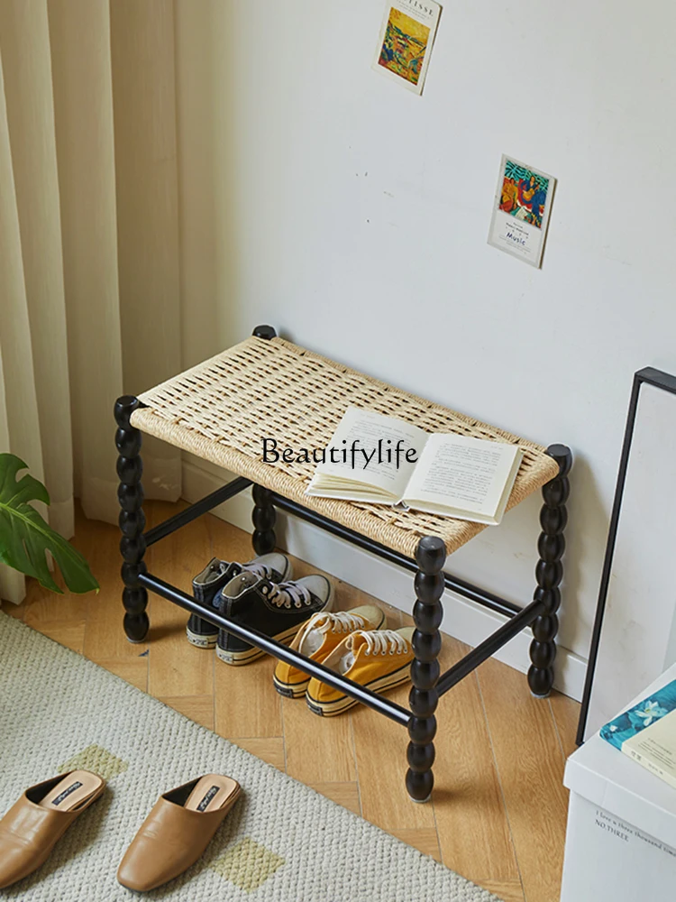 French Solid Wood Rope Woven Shoe Changing Stool Sofa Long Rattan Small Short Tea Table Side Table