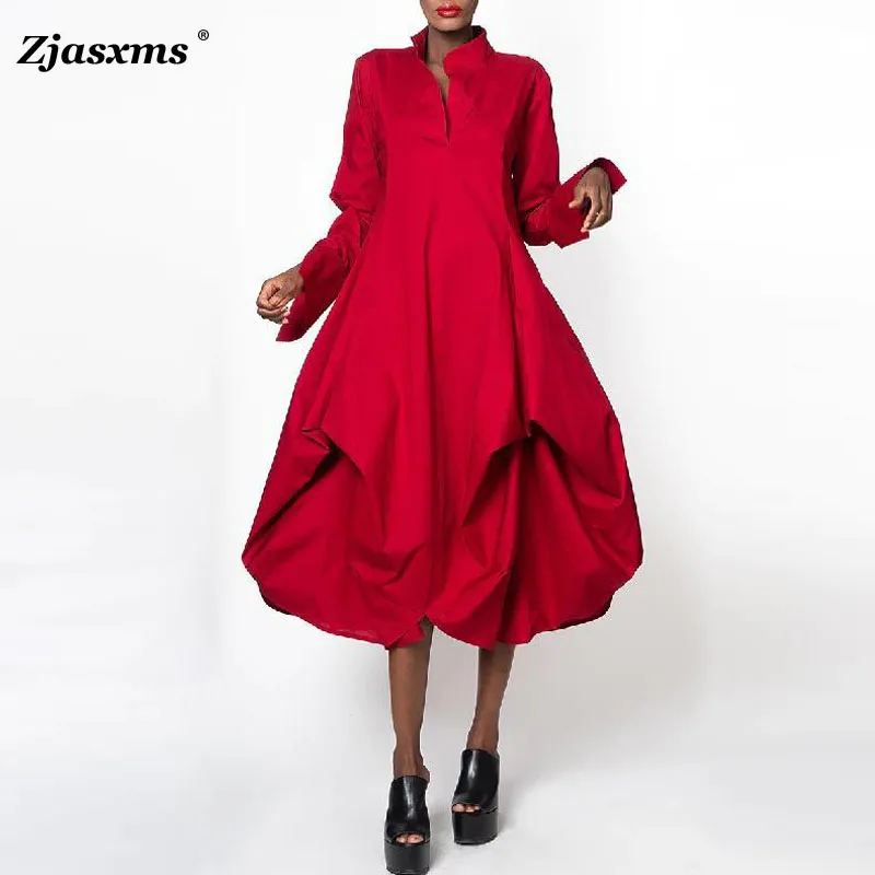 

Female Long Dress Spring Autumn Women Casual O Neck Big Swing Evening Dresses Vintage Loose Stand Collar Long Sleeve Party Dress