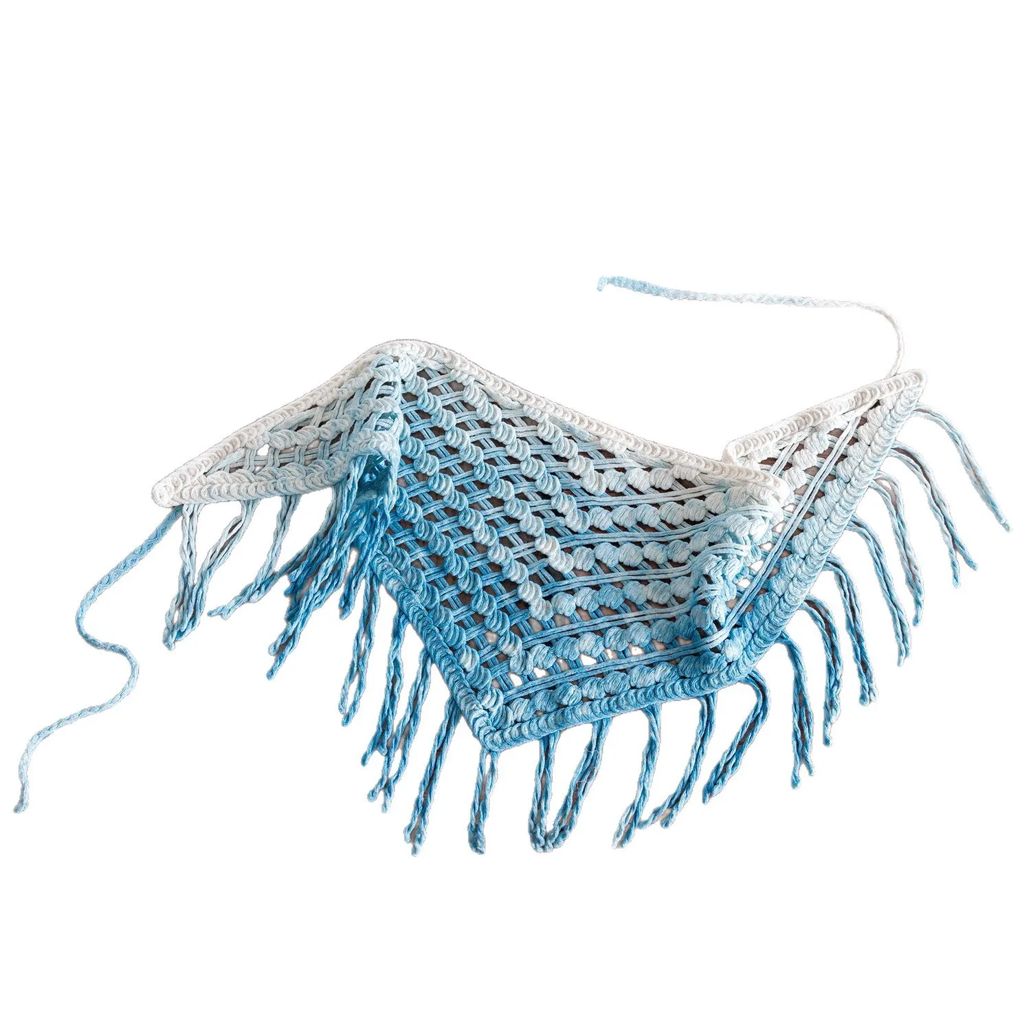 Handmade Tie Dye Crochet Hollow Fringed Boho Triangle Head Scarf Ethnic Bandana Layering Waist Decor Women Daily Hair Accessory