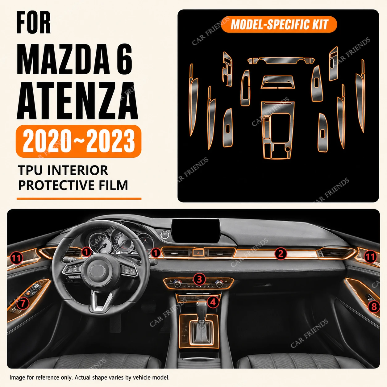 For Mazda 6 Atenza 2020-2023 Transparent TPU Interior Protective Film Center Console Navigation Screen Gear Panel Door Handle