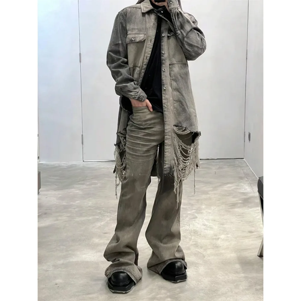 RO Style Vintage Desert Washed Horn Jeans Pants Mens Wide Legs Slimming Effect Stacking Mopping Wrinkling Wasteland Style Pants