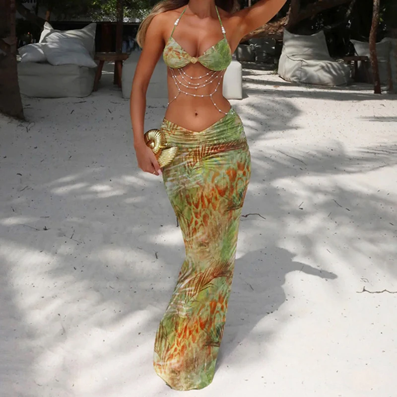 

Vintage Printing 3 Pieces Bikinis Swimwear Women Sexy Bead Halter Backless Lace Up Micro Bikini Skirt Cover-Up 2025 New Swimsuit