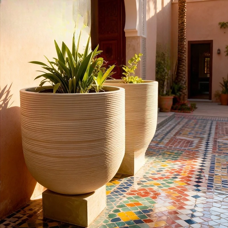 Nordic style striped round flower pot outdoor courtyard balcony large diameter green plant pot imitation cement decorative
