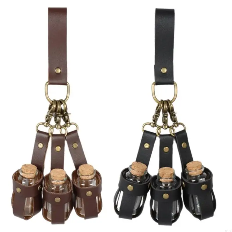 

B95F Potion Bottle Wizard Potions Glass Holder with Cork Stoppers and Leather Harness Medieval Wizard Cosplay Accessories