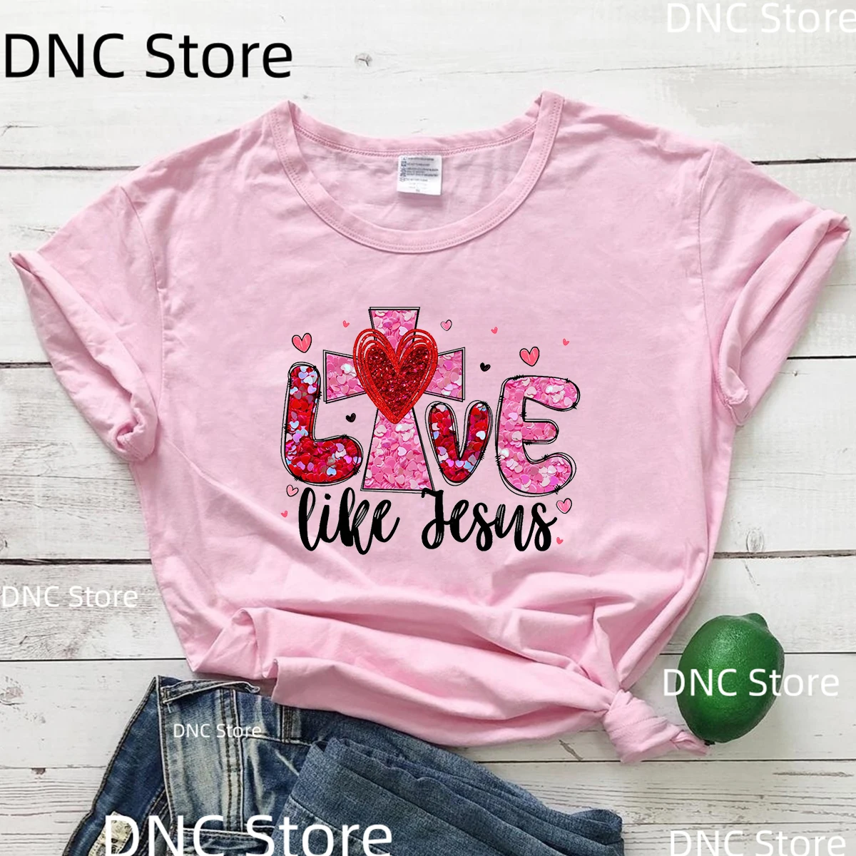 

Love Like Jesus Graphic T Shirts Women Gifts For Christian Vintage Heart Design T-Shirt Female Jesus Cross Valentines Day Tops